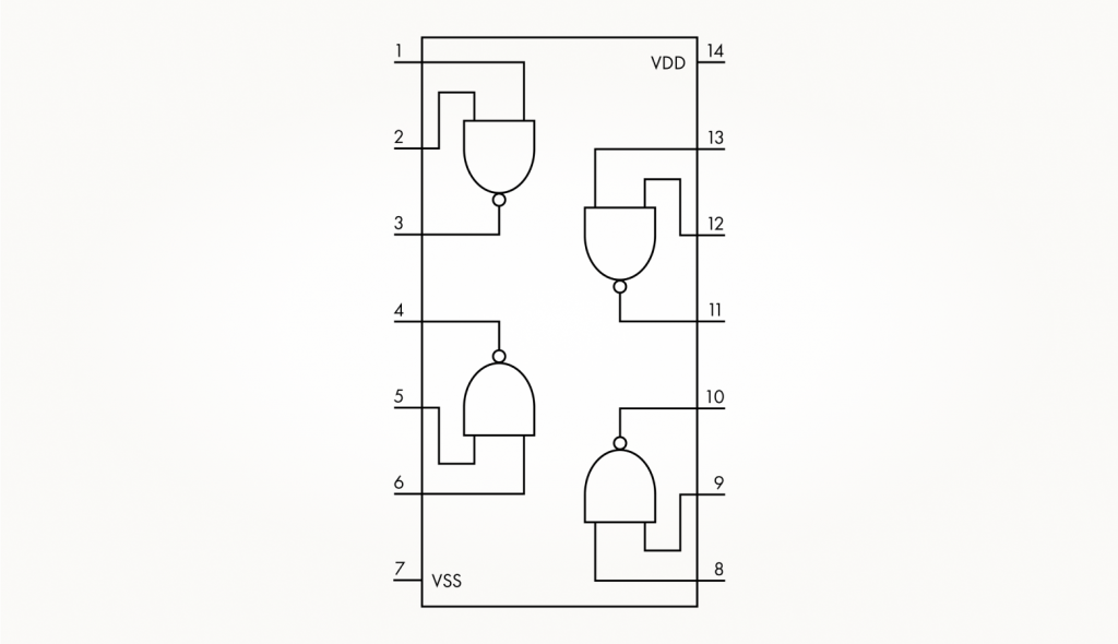 Условное размещение вентилей в корпусе микросхемы CD4011BE