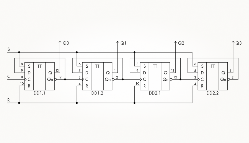 Четырехразрядный счетчик на базе микросхем CD4013BE