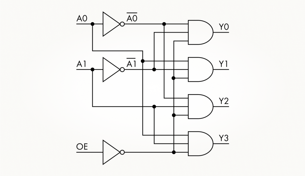 Дешифратор 2-в-4 с блокировкой выходов по сигналу OE = 1