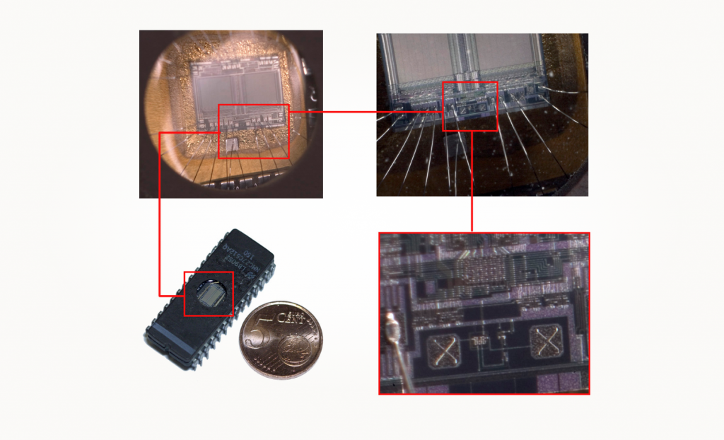 Микросхема постоянной памяти под микроскопом