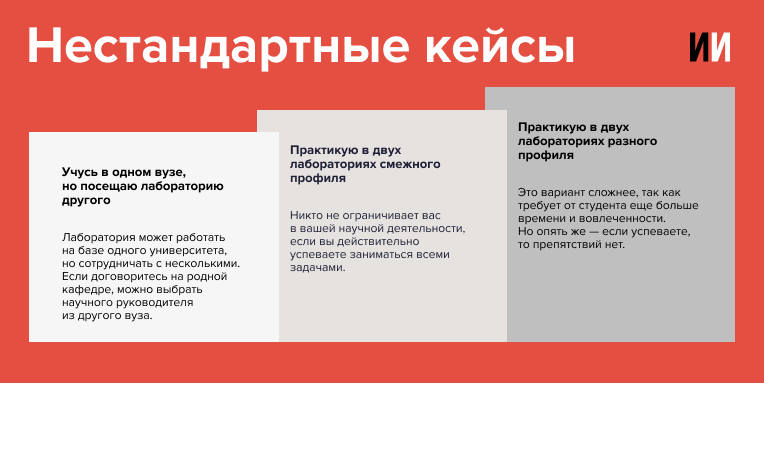 Нестандартные кейсы

Учусь в одном вузе, но посещаю лабораторию другого

Лаборатория может работать на базе одного университета, но сотрудничать сразу с несколькими. Если договоритесь на родной кафедре, научного руководителя можно выбрать из другого вуза.

Практикую в двух лабораториях смежного профиля

Никто не ограничивает вас в вашей научной деятельности, если вы действительно успеваете заниматься всеми задачами.

Практикую в двух лабораториях разного профиля

Это вариант сложнее, так как требует от студента еще больше времени и вовлеченности. Но опять же — если успеваете, то препятствий нет.